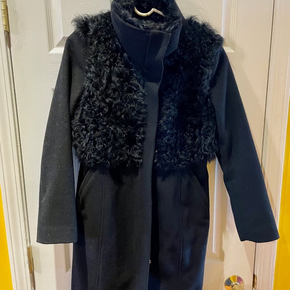 Trina Turk, wool and curly lamb fur dress coat, size 2